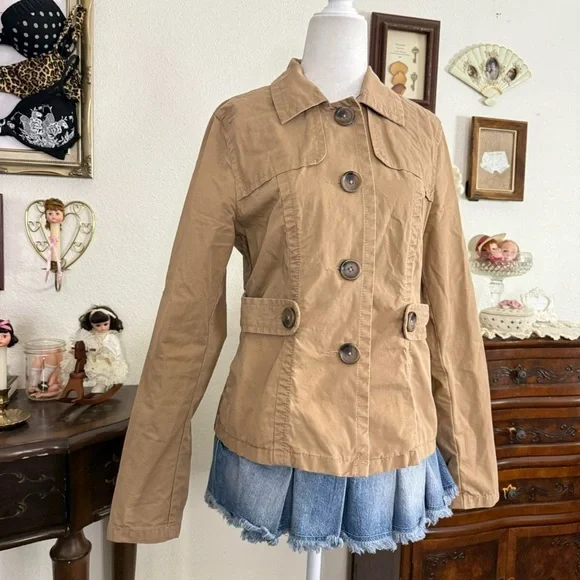 preppy classic girly grunge tan button up twee jacket w chunky buttons - Picture 4 of 6